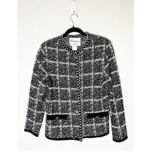 Vintage Women Castlebrook I.Magnin Check Black White Blazer Gold Nautical Button